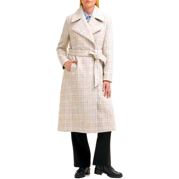 Karl Lagerfeld Tweed Belted Long Coat size Large - Picture 1 of 14